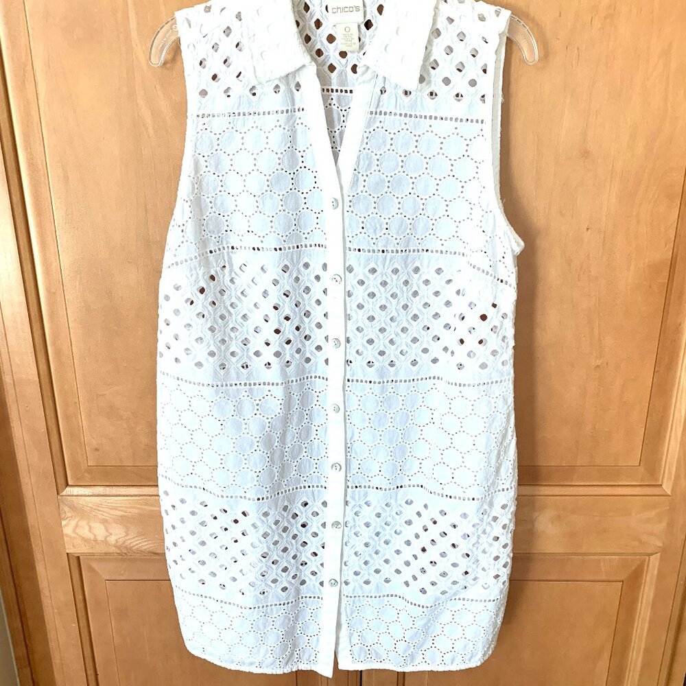 EYELET Button Up Tunic, Blouse, Coverup Sz Small